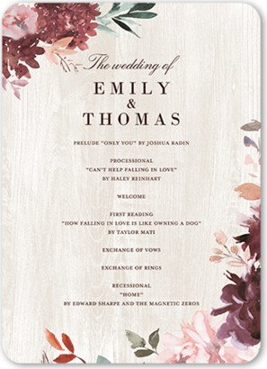 Wedding Program Cards: Muted Florals Wedding Program, Red, 5X7 Flat Program, Matte, Signature Smooth Cardstock, Rounded