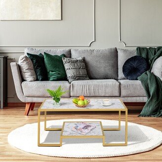 HOMCOM Minimalist Art Deco Coffee Table with Laminate Marble Print Table Top & Underneath Storage Shelf, White & Gold