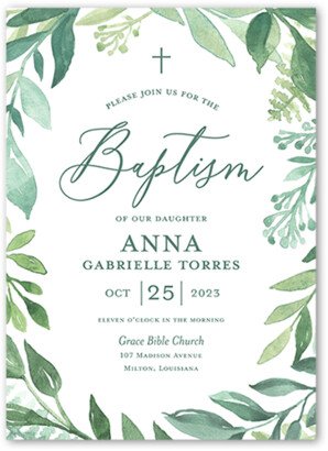 Baptism Invitations: Framed By Florals Baptism Invitation, Green, 5X7, Standard Smooth Cardstock, Square