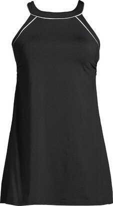 Women's D-Cup Chlorine Resistant High Neck Swim Dress One Piece Swimsuit Adjustable Straps - 12 - Black/White