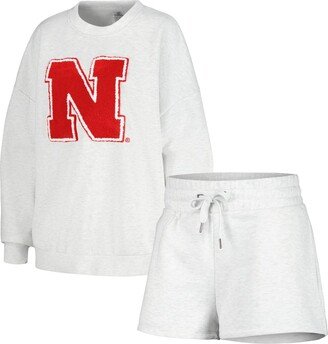 Women's Gameday Couture Ash Nebraska Huskers Team Effort Pullover Sweatshirt and Shorts Sleep Set