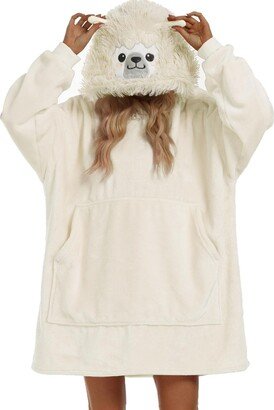 azrian Women’s Fuzzy Fleece Embroidered Pullover Hoodie Dress with Kangaroo Pockets Double Flannel Ear Hooded Sweatshirts Beige