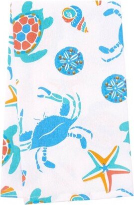 Caraway Coral Kitchen Towel Blue Seaturtle Crab & Starfish Print