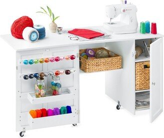 Best Choice Products Large Portable Multipurpose Folding Sewing Table w/ Magnetic Doors, Craft Storage & Bins - White