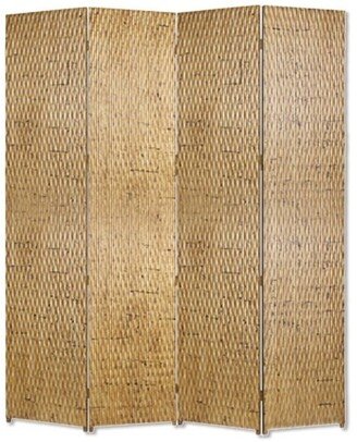 4 Panel Foldable Room Divider with Patterned Wood Panelling, Gold