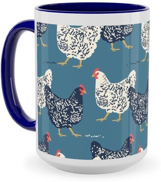 Mugs: Farmhouse Chickens - Blue Ceramic Mug, Blue, 15Oz, Blue