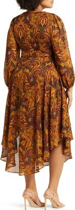 Paisley Print Asymmetric Hem Long Sleeve Dress