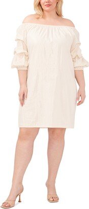 Plus Size Striped Off-The-Shoulder Lantern-Sleeve Cotton Dress