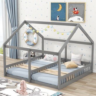 Calnod Twin Size House Platform Bed, Wood 2 Shared Bedframe with Little Stairway for Kids Teens Adults, 2 in 1, No Need Spring Box