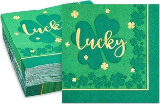 Sparkle and Bash 50 Pack St Patricks Green Four Leaf Clover-Themed Lucky Disposable Cocktail Paper Napkins