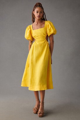 Puff-Sleeve Cutout Linen Dress