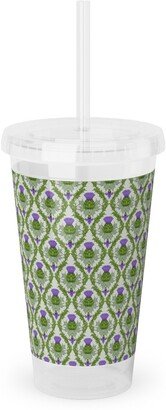 Travel Mugs: Thistle Damask - Green Acrylic Tumbler With Straw, 16Oz, Green