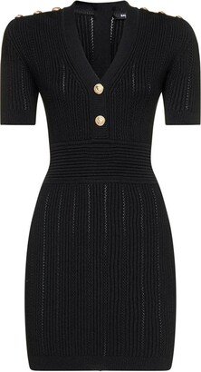 V-Neck Ribbed-Knitted Mini Dress