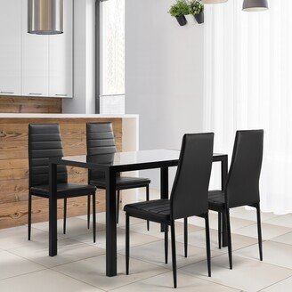 EDWINRAYLLC 5-Piece Kitchen Dining Table Set, Tempered Glass Tabletop Dinette Sets with 4 Leather Padded Chairs and Metal Frame Table