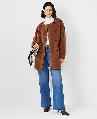 Petite Faux Leather Trim Sherpa Coat