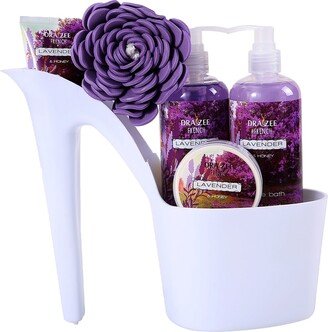 Draizee Lavender Scented Bath Essentials Gift Basket With Shower Gel, Bubble Bath, Body Butter, Body Lotion & Soft EVA Bath Puff