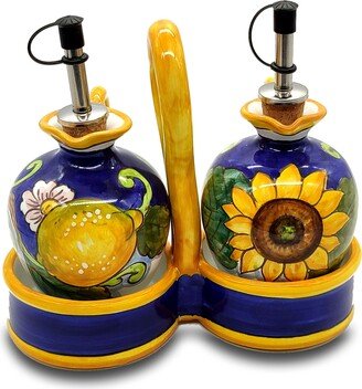 Italian Ceramic Olive Oil Vinigar Dispenser Bottles - Hand Painted Cruest Lemon Design Made in Italy Tuscany Pottery-AA