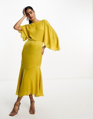 satin flutter sleeve asymmetric hem midi dress in mustard