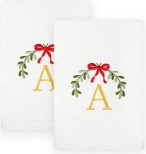 Linum Home Christmas Mistletoe Monogram Embroidered Luxury Turkish Cotton Hand Towels 2 Piece Set