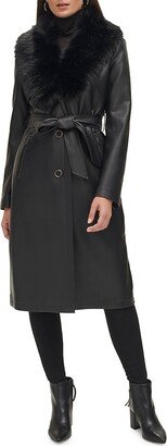 Faux Leather & Faux Fur Belted Trench Coat