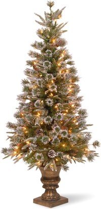 National Tree Company National Tree 4' Feel Real Liberty Pine Entrance Tree w Snow & Pine Cones in Bronze Plastic Pot w Clear Lights