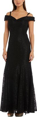 Petites Womens Off-The-Shoulder Lace Evening Dress