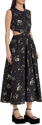 Stamped Floral Cut-Out Midi-Dress