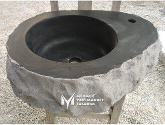 Basalt Black Split Face Stump Design Washbasin - Handcrafted, 100% Natural Stone