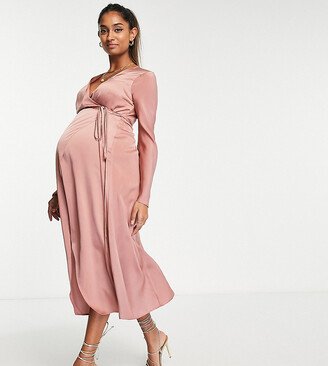 Maternity bias cut satin wrap dress with tie waist in brown