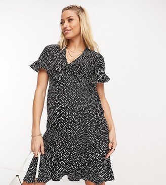 Vero Moda Maternity wrap mini dress in black spot print