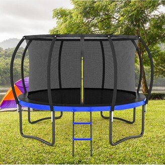 Simplie Fun 12FT Outdoor Big Trampoline With Inner Safety Enclosure Net, Ladder, Pvc Spring Cover Padding, For Kids, Black & Blue Color