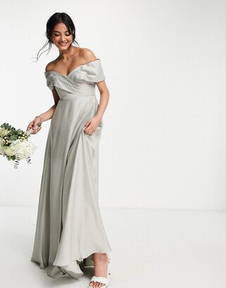 Bridesmaid satin bardot maxi dress with full skirt in sage green