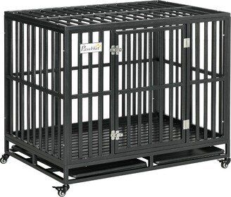 Heavy Duty Dog Crate Metal Kennel and Cage Dog Playpen with Lockable Wheels, Slide-out Tray and Anti-Pinching Floor