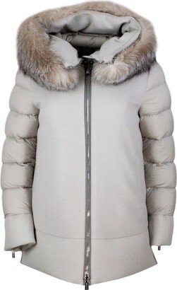 Down Quilted Wool And Cashmere Jacket With Nylon Sleeves And Hood With Detachable Fox Fur