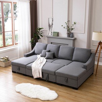 EDWINRAY U-Shape Sleeper Sectional Sofa with Pulled Out Bed, 103.5 Upholstery Couch with Double Storage Spaces & 2 Tossing Cushions,Grey