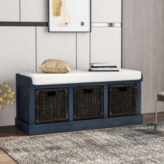 Calnod Rustic Storage Bench with 3 Removable Classic Rattan Basket , Entryway Bench with Removable Linen Blend Cushion