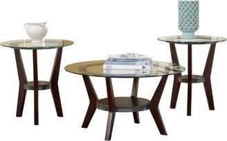 Round Wooden Table Set with Glass Top and Lower Shelf, Set of Three, Brown and Clear