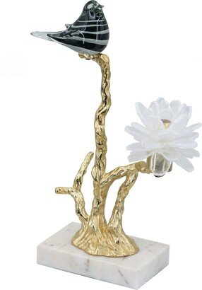 Sue 15 Inch Accent Decor Figurine, Bird on Branch with Flower, White, Gold