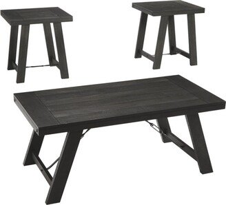 Plank Style Acacia Wood Table Set with Canted Legs, Set of Three, Black