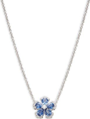 14K White Gold, Sapphire & Diamond Flower Pendant Necklace