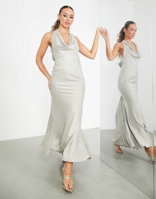 Bridesmaid satin halter cowl maxi dress in sage green