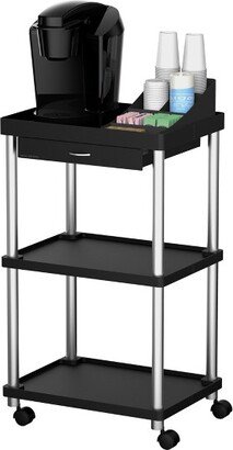 3-Tier Rolling Cart [With Pull-Out Sliding Drawer] for Utility, Kitchen, or Coffee Cart Storage on Wheels, Black