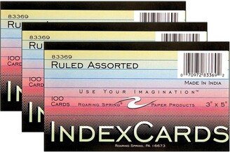 Roaring Spring Paper Products Index Cards, 3 x 5, Ruled, Assorted Colors, 100 Per Pack, 3 Packs