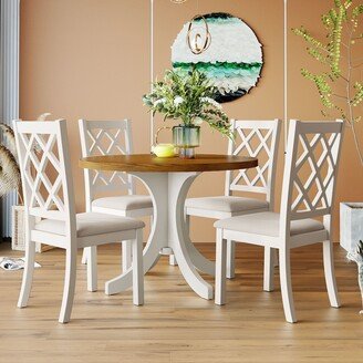 Tiramisubest Solid Wood 5-Piece Round Kitchen Dining Table Set with Upholstered Chairs for Small Places