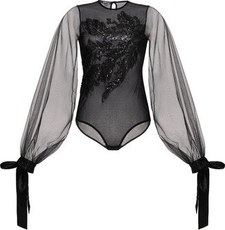 Kâfemme Sexy Long Sleeve Black Sheer Mesh And Tulle Bodysuit With Sequins