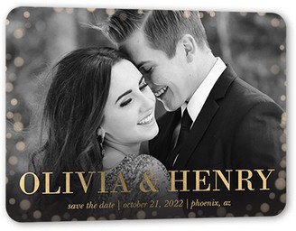 Save The Date Cards: Delicate Bokeh Save The Date, Gold Foil, White, 5X7, Matte, Personalized Foil Cardstock, Rounded