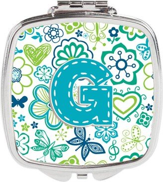 CJ2006-GSCM Letter G Flowers & Butterflies Teal Blue Compact Mirror