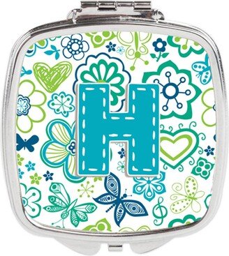 CJ2006-HSCM Letter H Flowers & Butterflies Teal Blue Compact Mirror