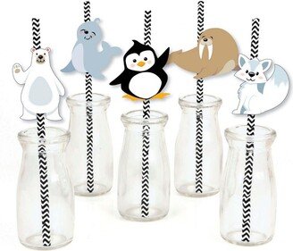 Big Dot of Happiness Arctic Polar Animals - Paper Straw Decor - Winter Baby Shower or Birthday Party Striped Decorative Straws - Set of 24