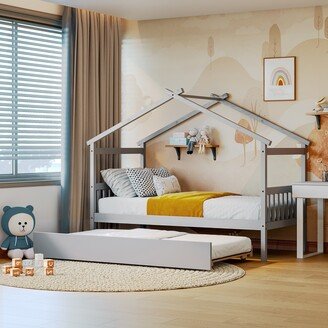 GEROJO Gray Whimsical House Bed, Twin Size Wooden House Bed with Trundle, Solid Pine Construction, Imaginative Design for Kids